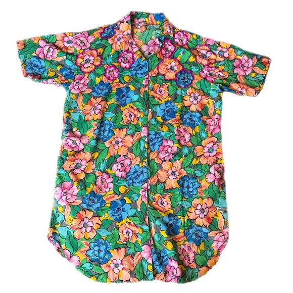 70s floral button up shirt dress with sequin detail (womens large) - Picture 1 of 3